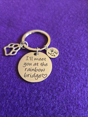 Pet Memorial Keychain: Stainless Steel Paw Print, Rainbow Bridge Charm